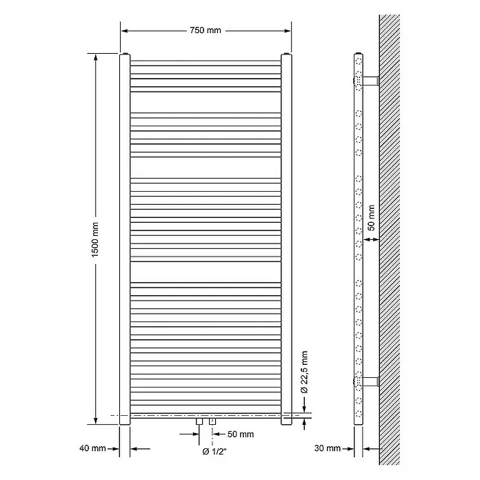 LuxeBath Badheizkörper Design Handtuchheizkörper Handtuchwärmer Mittelanschluss gebogen 800 W - B x H: 75 x 150 cm, Anthrazit - Technische Zeichnung eines Heizkörpers mit Maßen 750x1500 mm, Rohrdurchmesser 22,5 mm und Wandabstand 30 mm für Installationsdetails.