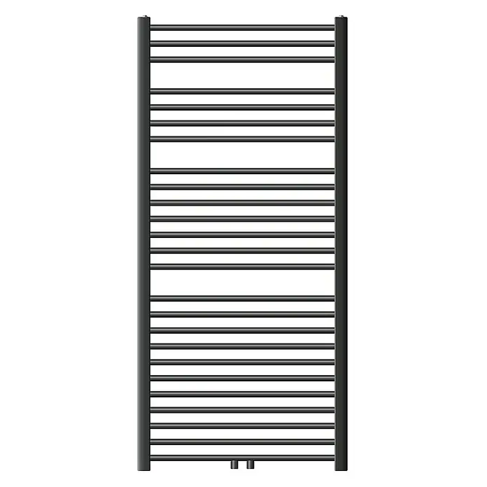 LuxeBath Badheizkörper Design Handtuchheizkörper Handtuchwärmer Mittelanschluss gebogen 800 W - B x H: 75 x 150 cm, Anthrazit - Abbildung eines modernen, grauen Handtuchwärmers mit horizontalen Heizstäben. Ideal für jedes Badezimmer, um Handtücher warm und trocken zu halten.