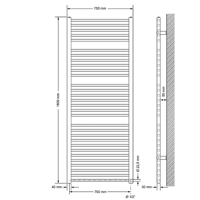 LuxeBath Badheizkörper Design Handtuchheizkörper Handtuchwärmer Seitenanschluss gerade 950 W - B x H: 75 x 180 cm, Anthrazit - Technische Zeichnung eines Handtuchwärmers mit Maßangaben zu Höhe, Breite und Wandabstand.