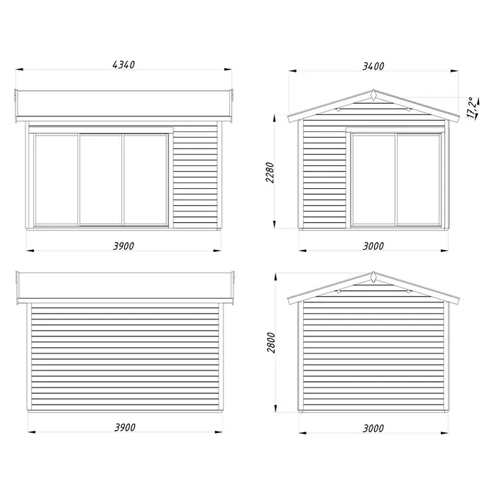 Palmako Gartenhaus Amanda Slide Plus - Außenmaß inkl. Dachüberstand (B x T): 434 x 340 cm, Tauchgrundiertes Holz, Hellbraun - Technische Zeichnung eines Gartenhauses mit Maßangaben für Breite, Höhe und Dachneigung.