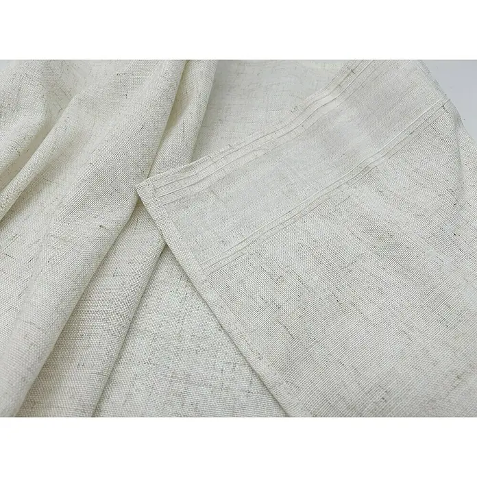 Visillo para ventana Cinta Multifunción Boga - An x Al: 200 x 280 cm, 90% poliéster / 10% lino, Lino - Primer plano de tejido de lino beige que muestra la textura tejida, ideal para proyectos textiles.