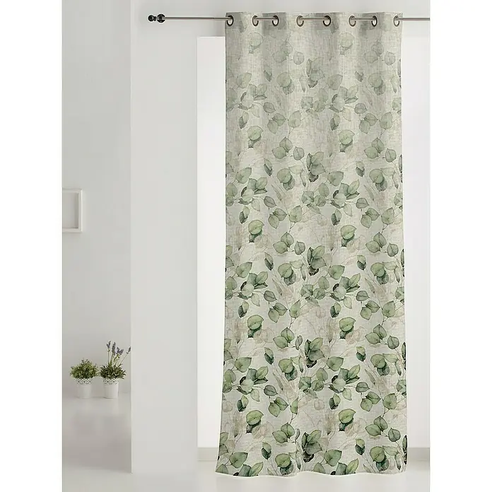 Visillo para ventana Saky Hojas - An x Al: 140 x 280 cm, 80% poliéster / 20% lino, Verde - Una cortina con un estampado botánico de hojas, colgada de una barra de cortina. Este elegante accesorio añade un toque natural a cualquier espacio.