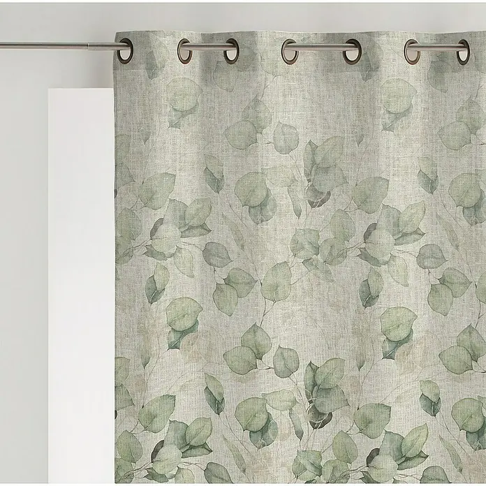 Visillo para ventana Saky Hojas - An x Al: 140 x 280 cm, 80% poliéster / 20% lino, Verde - Cortina decorativa con estampado de eucalipto, ideal para salones o dormitorios, creando un ambiente natural y relajante.