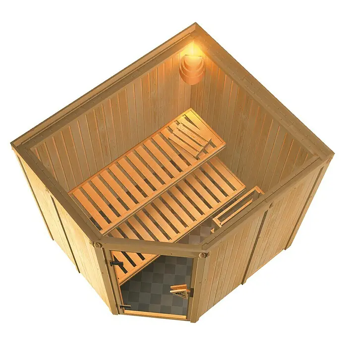 Karibu Elementsauna Siirin - Mit 9 kW Bio-Ofen mit externer Steuerung, Ohne Dachkranz, Materialspezifizierung Tür: Massivholztür, L x B x H: 196 x 170 x 192 cm - Innenansicht einer Holzsauna mit Bänken und Schachbrettfliesen. Warme Beleuchtung schafft eine entspannende Atmosphäre.