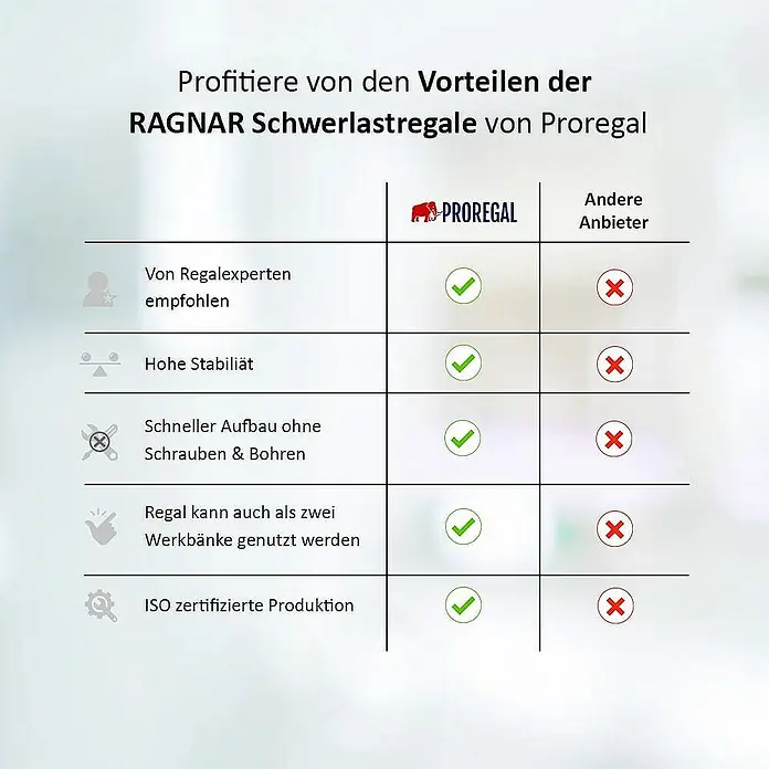 Proregal Schwerlastregal Ragnar - Traglast pro Boden: 175 kg, Anzahl Böden: 5 Stk., Stecken - Vergleichstabelle der Vorteile von RAGNAR Schwerlastregalen von Proregal gegenüber anderen Anbietern.