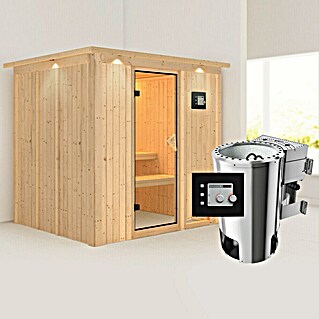 Karibu Elementsauna Daria (Mit 3,6 kW Bio-Ofen mit externer Steuerung, Mit Dachkranz und Beleuchtung, L x B x H: 210 x 184 x 192 cm)