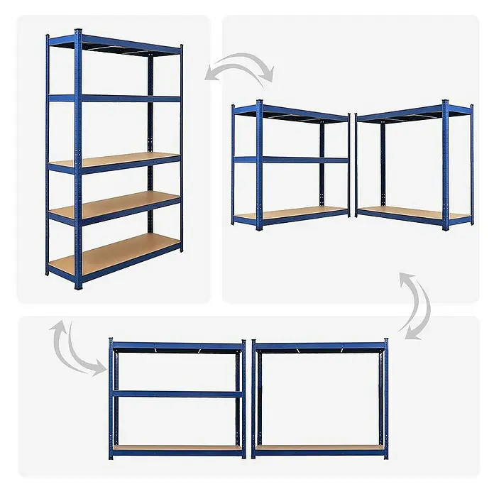 Proregal Schwerlastregal Ragnar - H x B x T: 180 x 120 x 40 cm, Traglast pro Boden: 175 kg, Anzahl Böden: 5 Stk., Stecken - Regalsystem-Konfigurationen: Ein vielseitiges, blaues Metallregal mit Holzablagen, das in verschiedenen Höhen und Breiten aufgebaut werden kann.
