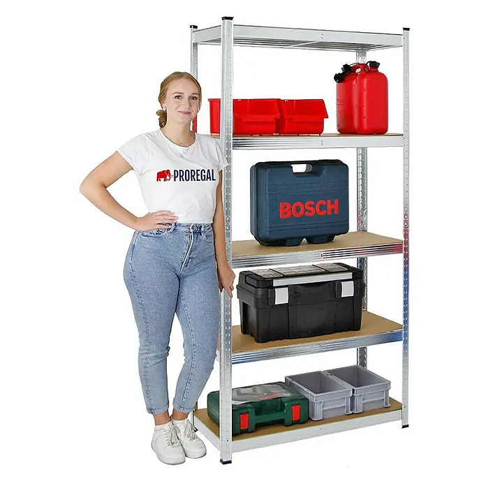 Proregal Schwerlastregal Ragnar - Traglast pro Boden: 175 kg, Anzahl Böden: 5 Stk., Stecken - Metallregal mit Werkzeugkästen in verschiedenen Größen und Farben. Praktische Aufbewahrungslösung für Werkstatt oder Garage.