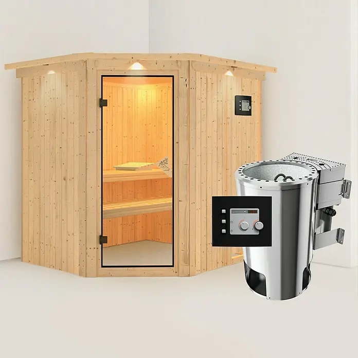 Karibu Elementsauna Lilja - Mit 3,6 kW Bio-Ofen mit externer Steuerung, Mit Dachkranz und Beleuchtung, L x B x H: 210 x 184 x 192 cm - Eine moderne Sauna mit Holzelementen und einem silberfarbenen Saunaofen mit Steuerung für ein entspannendes Saunaerlebnis.