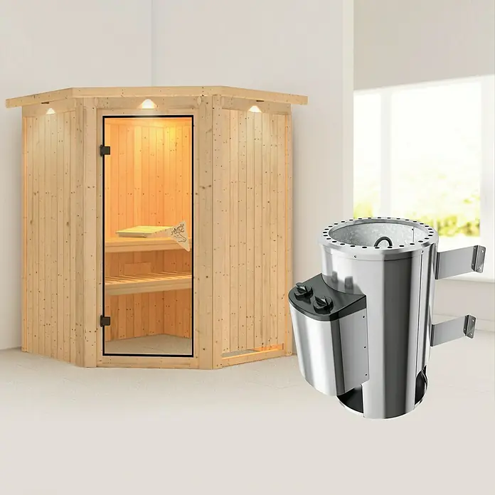 Karibu Elementsauna Nanja - Mit 3,6 kW Ofen mit integrierter Steuerung, Mit Dachkranz und Beleuchtung, L x B x H: 165 x 165 x 192 cm - Sauna mit Holzkabine und Saunaofen. Der Saunaofen ist ein Highlight für entspannende Saunaerlebnisse.