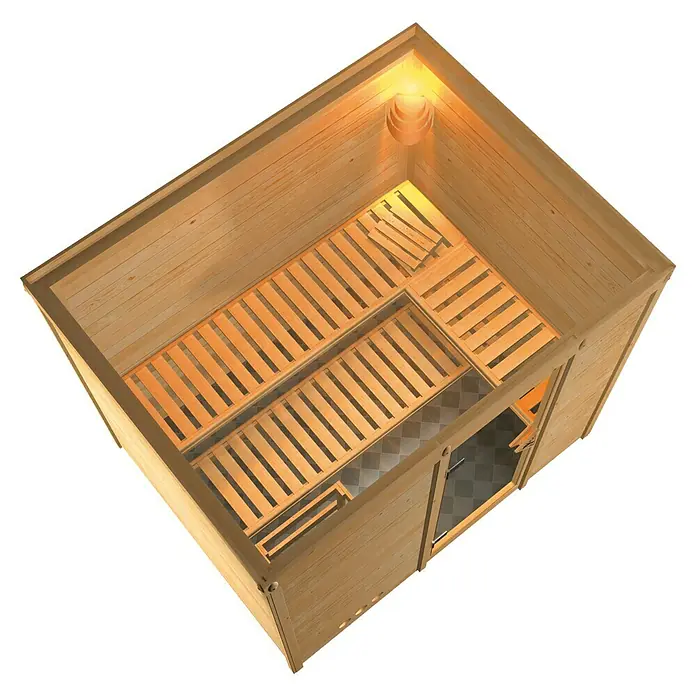 Karibu Massivholzsauna Sonara - Mit 9 kW Bio-Ofen mit externer Steuerung, Mit Dachkranz und Beleuchtung, L x B x H: 259 x 210 x 192 cm - Innenansicht einer modernen Sauna aus Holz mit Bänken, Bodenfliesen und einer warmen Beleuchtung für entspannende Momente.