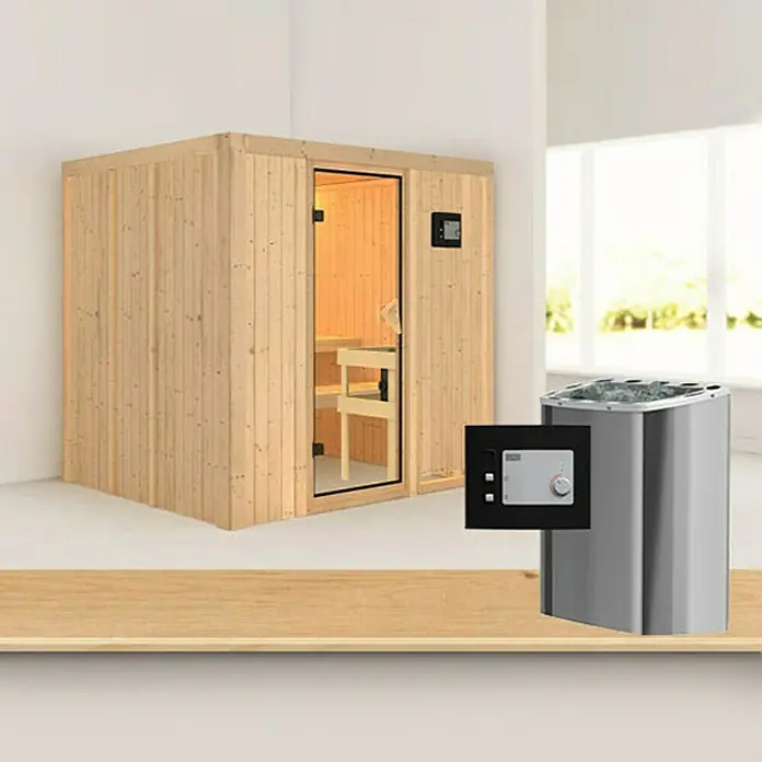 Karibu Elementsauna Daria - Mit 3,6 kW Ofen mit externer Steuerung, Ohne Dachkranz, L x B x H: 196 x 170 x 192 cm - Moderne Sauna mit Holzverkleidung und digitaler Steuerung, kombiniert mit einem silberfarbenen Saunaofen für ein entspannendes Wellness-Erlebnis.