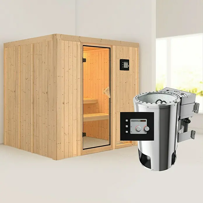Karibu Elementsauna Daria - Mit 3,6 kW Bio-Ofen mit externer Steuerung, Ohne Dachkranz, L x B x H: 196 x 170 x 192 cm - Innenraum-Sauna mit integriertem Ofen und digitalem Bedienfeld, die für ein entspannendes und authentisches Saunaerlebnis sorgt.