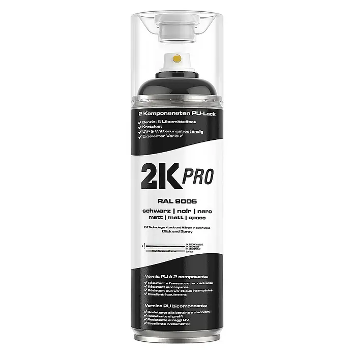 2K Pro Farbspray 2 Komponenten Sprühfarbe 400ml Schwarz Matt - Schwarz Matt, Sprühdose - Abbildung einer Dose 2K Pro PU-Lack in Schwarz, ideal für kratz-, benzin-, lösemittel- sowie UV- und Witterungsbeständige Oberflächen.