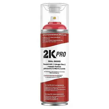 2K Pro  Farbspray 2 Komponenten Sprühfarbe 400ml RAL3000 Feuerrot Glanz