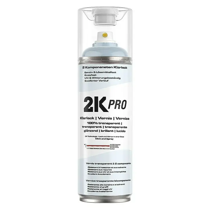 2K Pro Farbspray 2 Komponenten Sprühfarbe 400ml Klarlack Hochglanz - Klarlack Hochglanz, Sprühdose - Abbildung einer Dose 2K Pro Klarlack.