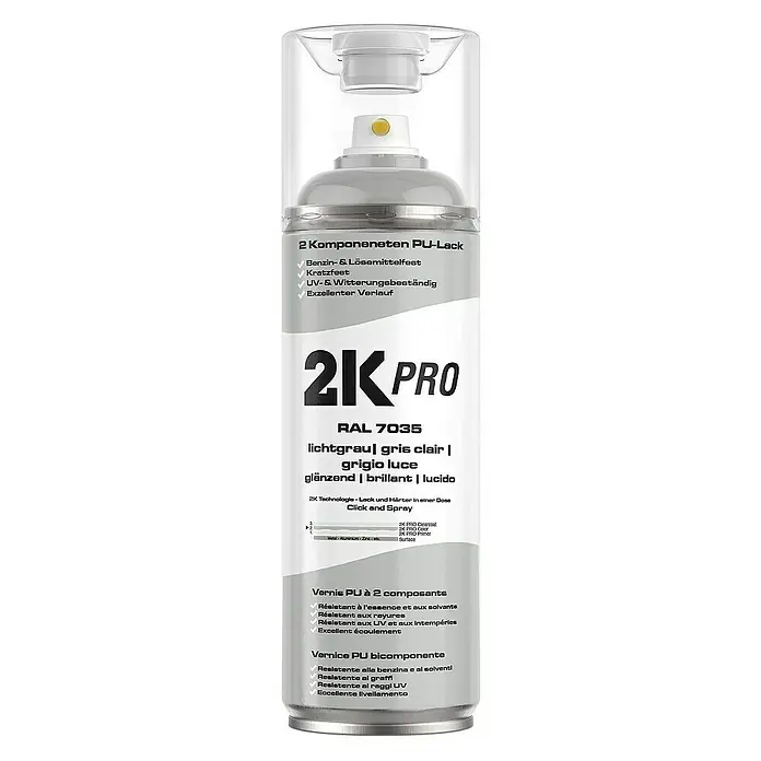 2K Pro Farbspray 2 Komponenten Sprühfarbe 400ml RAL7035 Lichtgrau Glanz - RAL7035 - Lichtgrau Glanz, Sprühdose - Abbildung einer 2K Pro Sprühdose RAL 7035 Lichtgrau, glänzend, mit Hinweisen zu Anwendung und Eigenschaften.
