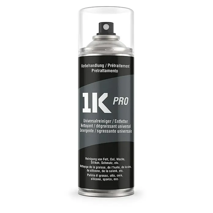 1K Pro Farbspray Spraydose 400ml Universalreiniger / Entfetter farblos - Universalreiniger / Entfetter farblos, Sprühdose - Abbildung einer Dose 1K Pro Universalreiniger/Entfetter zur Vorbehandlung, ideal für Fett, Öl, Wachs und Silikon.