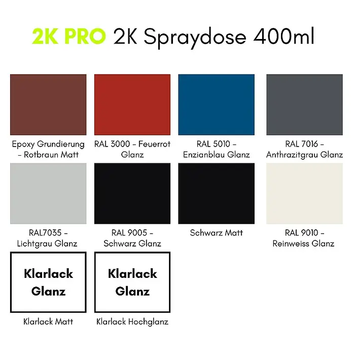 2K Pro Farbspray 2 Komponenten Sprühfarbe 400ml Epoxy Grundierung Rotbraun Matt - Epoxy Grundierung Rotbraun Matt, Sprühdose - 2K Pro Sprühdose 400ml Farbtabelle mit verschiedenen Farben und Glanzgraden, inklusive Klarlackoptionen für professionelle Lackierarbeiten.