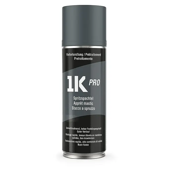 1K Pro Farbspray Spraydose 400ml Spritzspachtel grau matt - Spritzspachtel grau matt, Sprühdose - Dose 1K PRO Spritzspachtel, ein schnelltrocknender Füller für glatte Oberflächen.