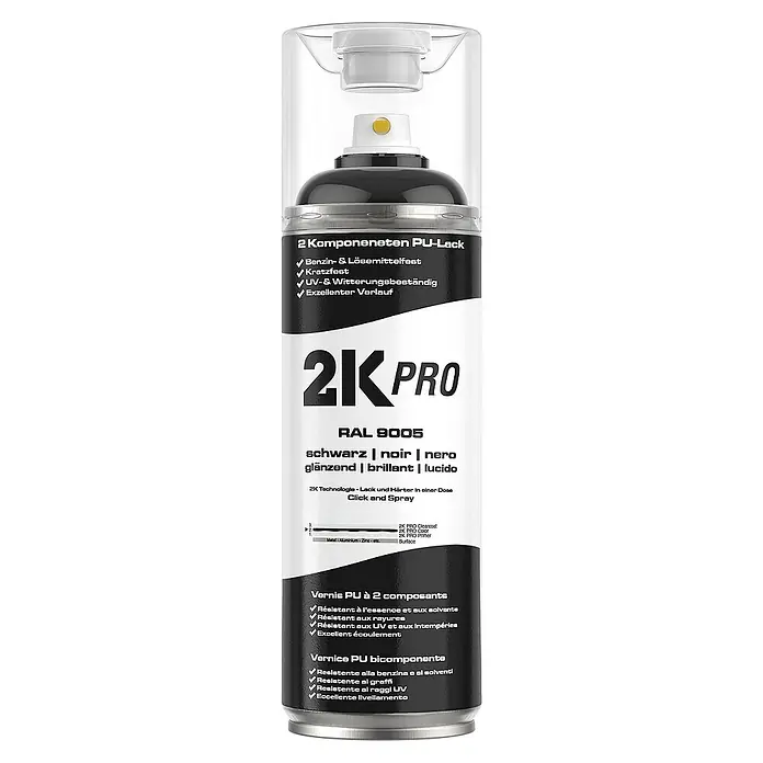 2K Pro Farbspray 2 Komponenten Sprühfarbe 400ml RAL9005 Tiefschwarz Glanz - RAL9005 - Tiefschwarz Glanz, Sprühdose - 2K Pro Sprühlack RAL 9005 Schwarz, glänzend, für professionelle Lackierungen. Benzin-, lösemittel- und witterungsbeständig für Innen- und Außenbereiche.