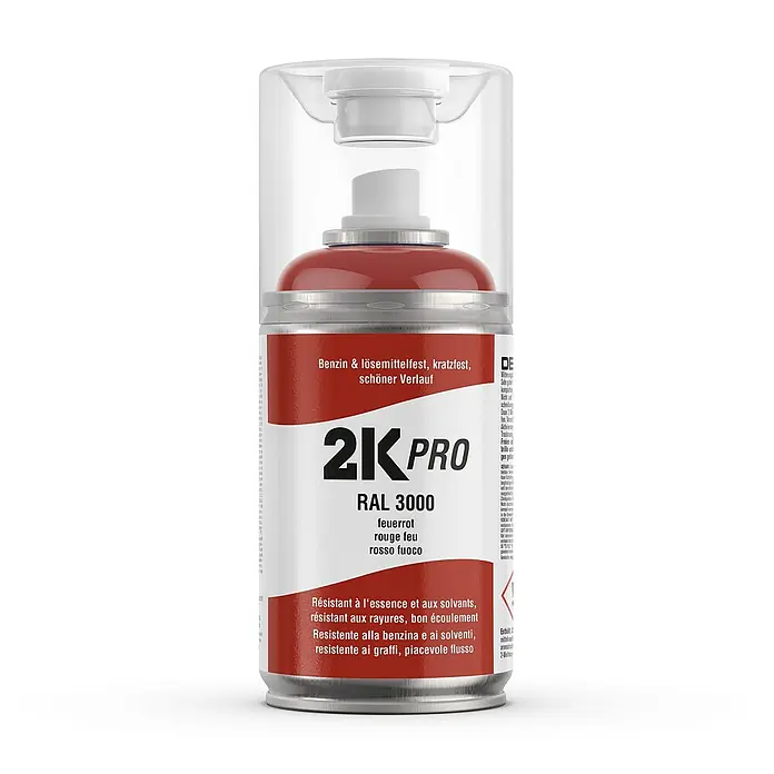 2K Pro Farbspray 2 Komponenten Sprühfarbe 250ml RAL3000 Feuerrot Glanz - RAL3000 - Feuerrot Glanz, Sprühdose - Abbildung einer roten 2K Pro RAL 3000 Sprühdose, die benzin- und lösemittelfest und kratzfest ist. Ideal für ein schönes Finish.