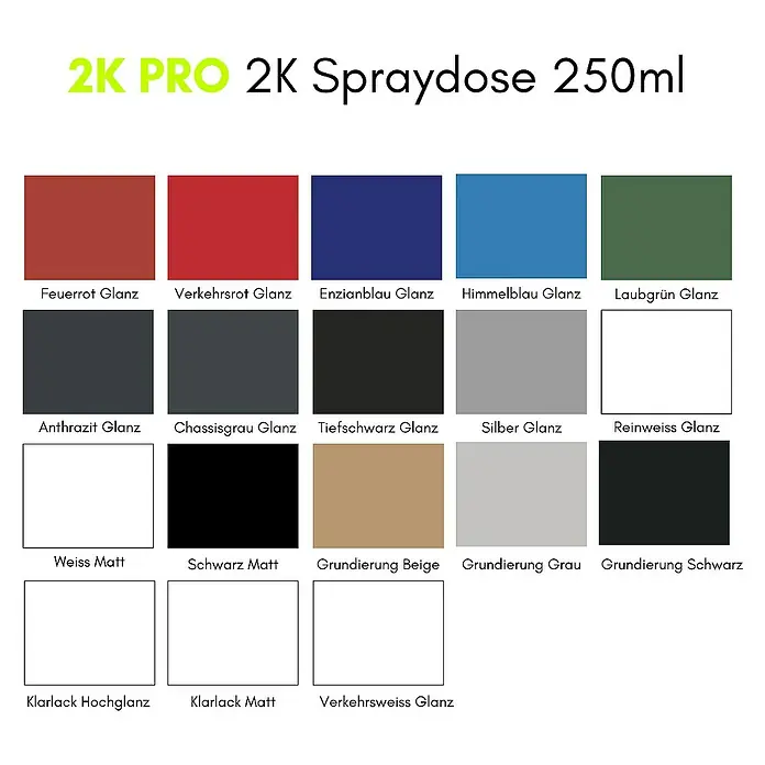 2K Pro Farbspray 2 Komponenten Sprühfarbe 250ml RAL7021 Chassisgrau Glanz - RAL7021 - Chassisgrau Glanz, Sprühdose - Farbmusterkarte für 2K PRO 2K Spraydose 250ml mit verschiedenen Farben und Oberflächen wie Glanz, Matt und Grundierung.