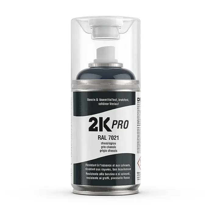 2K Pro Farbspray 2 Komponenten Sprühfarbe 250ml RAL7021 Chassisgrau Glanz - RAL7021 - Chassisgrau Glanz, Sprühdose - Dose 2K Pro RAL 7021 Chassisgrau: Benzin- & lösemittelfest, kratzfest, schöner Verlauf für professionelle Lackierarbeiten.