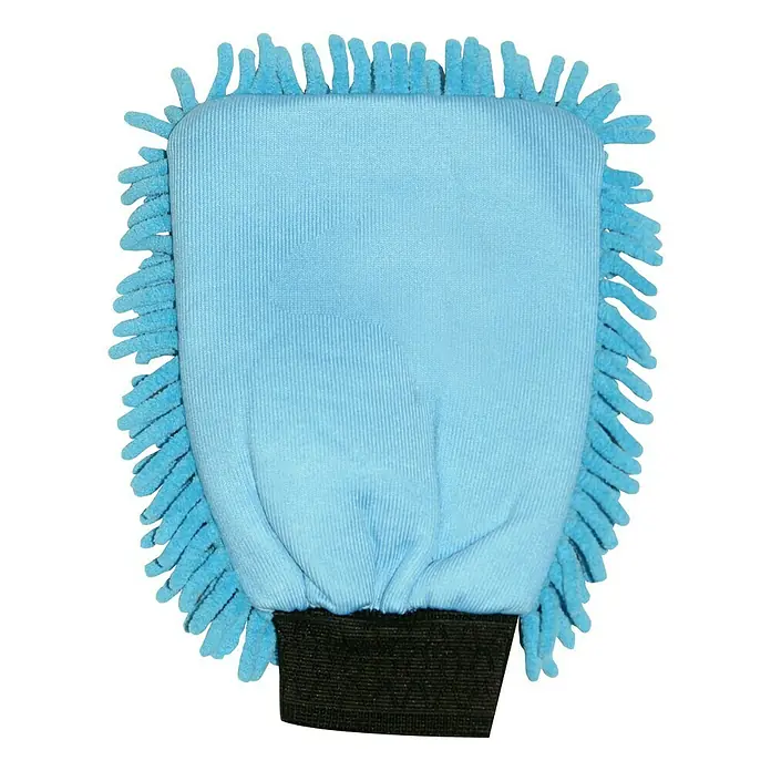 Secu Vision Mikrofaserhandschuh - 2 Stk. - Das Bild zeigt einen blauen Mikrofaser-Waschhandschuh mit schwarzen Bündchen, ideal für die Autowäsche und Reinigung.