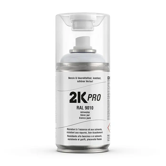2K Pro Farbspray 2 Komponenten Sprühfarbe 250ml RAL9010 Reinweiss Glanz - RAL9010 - Reinweiss Glanz, Sprühdose - Weißer 2K Pro RAL 9010 Lack in Spraydose, benzin- und lösemittelbeständig, kratzfest und mit schönem Verlauf für professionelle Ergebnisse.