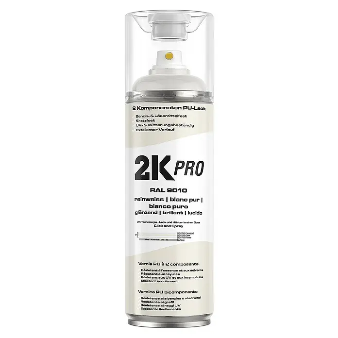 2K Pro Farbspray 2 Komponenten Sprühfarbe 400ml RAL9010 Reinweiss Glanz - RAL9010 - Reinweiss Glanz, Sprühdose - Dose 2K Pro RAL 9010 Reinweiss: Hochwertiger 2-Komponenten-PU-Lack für exzellente Ergebnisse. Lösungsmittel- und kratzfest, UV- und witterungsbeständig.