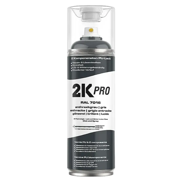 2K Pro Farbspray 2 Komponenten Sprühfarbe 400ml RAL7016 Anthrazit Glanz - RAL7016 - Anthrazit Glanz, Sprühdose - Abbildung einer 2K Pro Sprühdose in Anthrazitgrau (RAL 7016), ideal für robuste und glänzende Lackierungen.
