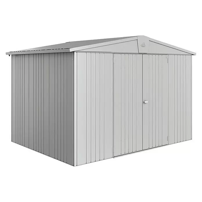 Biohort Europa Gerätehaus Europa Gr. 5 - Außenbreite inkl. Dachüberstand: 316 cm, Außentiefe inkl. Dachüberstand: 228 cm, Stahl, Silber Metallic - Diagonale Ansicht