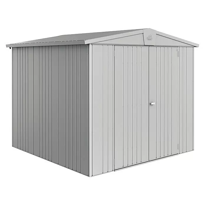 Biohort Europa Gerätehaus Europa Gr. 4 - Außenbreite inkl. Dachüberstand: 244 cm, Außentiefe inkl. Dachüberstand: 228 cm, Stahl, Silber Metallic - Diagonale Ansicht