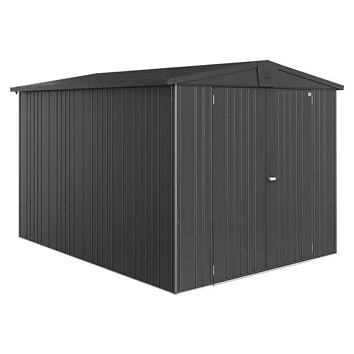 Biohort Europa Gerätehaus Europa Gr. 6 - Außenbreite inkl. Dachüberstand: 244 cm, Außentiefe inkl. Dachüberstand: 300 cm, Stahl, Dunkelgrau Metallic - Dunkelgraues Metall-Gartenhaus mit Doppeltüren.