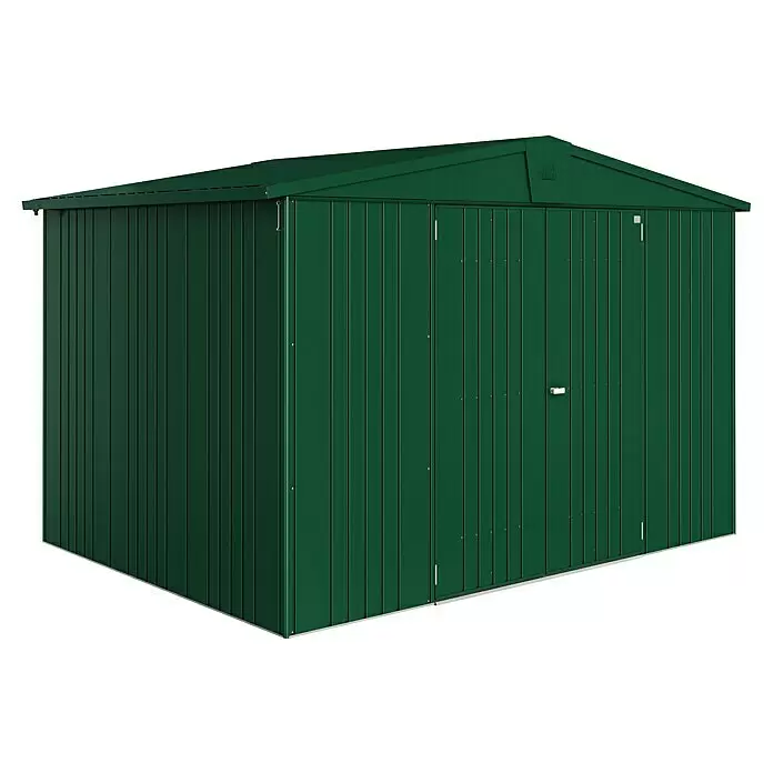 Biohort Europa Gerätehaus Gr. 5 - Außenbreite inkl. Dachüberstand: 316 cm, Außentiefe inkl. Dachüberstand: 228 cm, Stahl, Dunkelgrün - Grüner Metall-Gartenschuppen mit schrägem Dach und Doppeltüren.