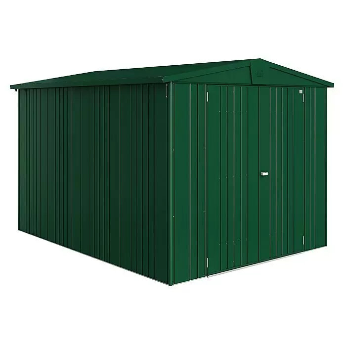 Biohort Europa Gerätehaus Europa Gr. 6 - Außenbreite inkl. Dachüberstand: 244 cm, Außentiefe inkl. Dachüberstand: 300 cm, Stahl, Dunkelgrün - Dunkelgrünes Metallgerätehaus mit Giebeldach und zwei Türen.