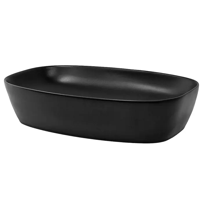 LuxeBath Aufsatzwaschbecken Handwaschbecken Schwarz inkl. Ablaufgarnitur ohne Überlauf - Ohne Spezialglasur, Schwarz - Eine elegante, rechteckige, schwarze Schale, ideal für dekorative Zwecke oder zur stilvollen Aufbewahrung von Gegenständen.