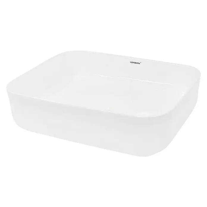 LuxeBath Aufsatzwaschbecken Waschschale Eckig Weiß Spülbecken Aufsatzwaschtisch - Ohne Spezialglasur, Weiß - Nahaufnahme eines weißen LuxeBath Aufsatzwaschbeckens mit abgerundeten Kanten und modernem Design. Ideal für stilvolle Badezimmer.
