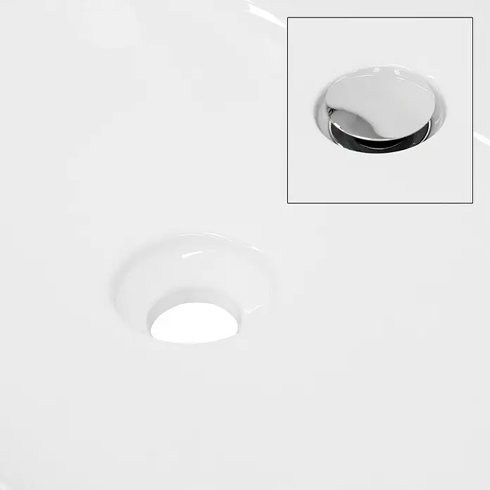 LuxeBath Aufsatzwaschbecken Waschschale Eckig Weiß Spülbecken Aufsatzwaschtisch - Ohne Spezialglasur, Weiß - Detailaufnahme eines Waschbeckens mit einem glänzenden, runden Abflussstopfen und einem Überlaufschutz.