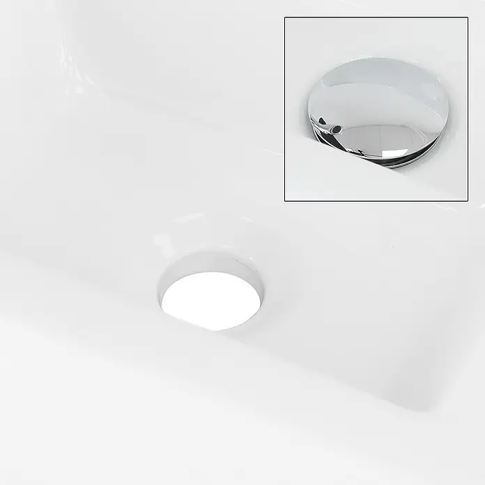 LuxeBath Aufsatzwaschbecken Handwaschbecken Weiß inkl. Ablaufgarnitur ohne Überlauf - Ohne Spezialglasur, Weiß, Silber - Nahaufnahme eines Waschbeckens aus Keramik mit verchromtem Stöpsel, der das elegante Design und die Funktionalität des Produkts hervorhebt.