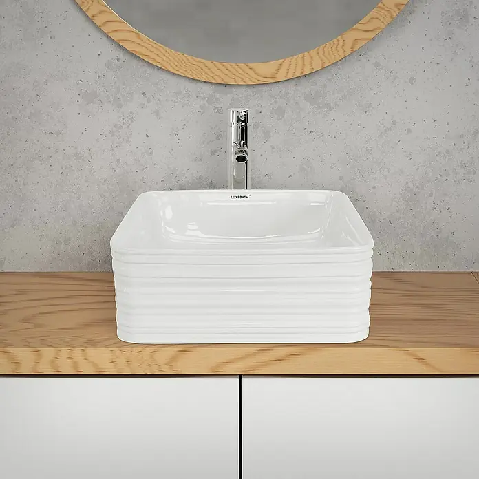 LuxeBath Aufsatzwaschbecken Waschtisch aus Keramik für Badezimmer / Gäste-WC - Ohne Spezialglasur, Weiß - Waschbecken mit geriffelter Oberfläche und Armatur.