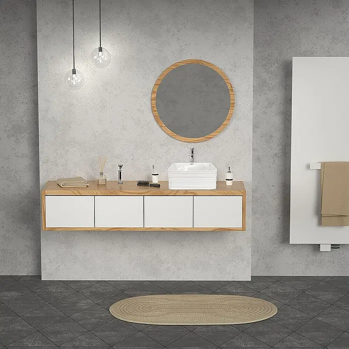 LuxeBath Aufsatzwaschbecken Waschtisch aus Keramik für Badezimmer / Gäste-WC - Ohne Spezialglasur, Weiß - Badezimmer-Interieur mit einem Waschtisch aus hellem Holz, einem runden Spiegel und einer modernen Beleuchtung.