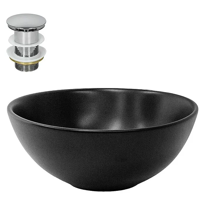 LuxeBath Aufsatzwaschbecken Aufsatzwaschtisch Spülbecken inkl. Ablaufgarnitur ohne Überlauf Becken - 28 x 28 cm, Ohne Spezialglasur, Schwarz, Silber - Schwarzes Waschbecken in Schalenform mit verchromtem Ablaufventil. Elegantes Design für moderne Badezimmer, robust und langlebig.