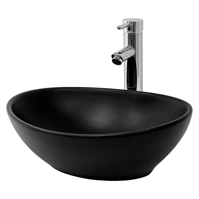 LuxeBath Aufsatzwaschbecken Waschtisch aus Keramik für Badezimmer / Gäste-WC - Ohne Spezialglasur, Schwarz - Elegantes, ovales, schwarzes Waschbecken mit modernem Chrom-Wasserhahn. Perfekt für stilvolle Badezimmer und Waschtische.