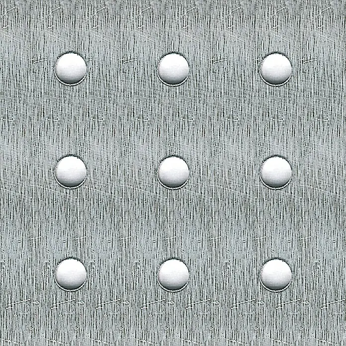 Kantoflex Rundlochblech - 1.000 x 600 mm, Stärke: 1,5 mm, Aluminium, Unbehandelt - Nahaufnahme einer Metallplatte mit neun silbernen Nieten, die ein robustes und industrielles Aussehen vermitteln.\n