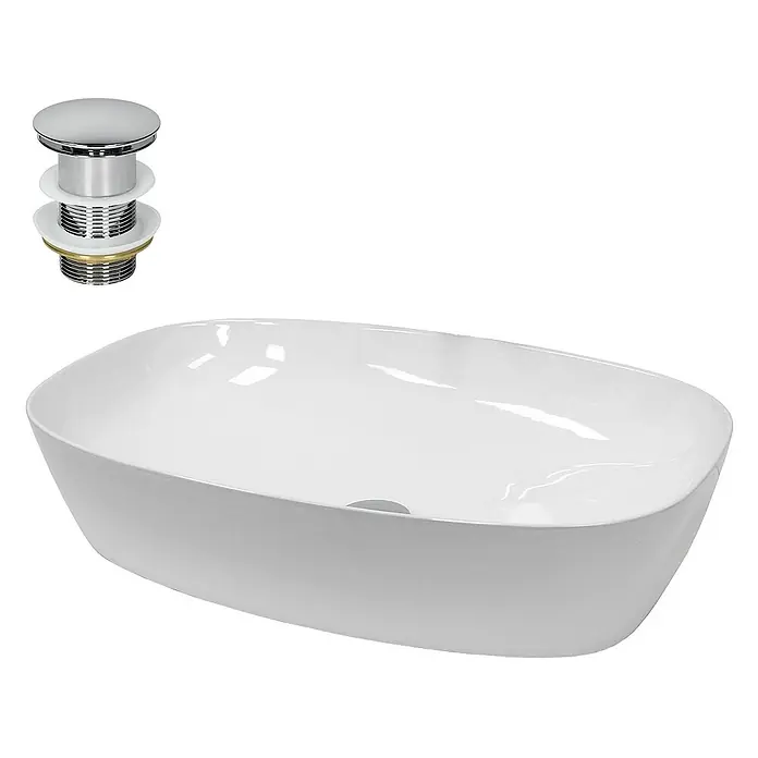 LuxeBath Aufsatzwaschbecken Waschschale Aufsatzwaschtisch Weiß inkl. Ablaufgarnitur ohne Überlauf - Ohne Spezialglasur, Weiß - Elegantes, weißes Aufsatzwaschbecken mit passendem Ablaufventil für stilvolle Badezimmerdesigns.