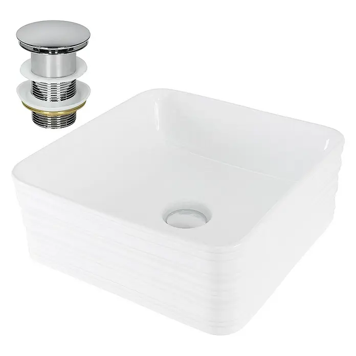 LuxeBath Aufsatzwaschbecken Handwaschbecken Weiß inkl. Ablaufgarnitur ohne Überlauf - Ohne Spezialglasur, Weiß, Silber - Ein modernes, weißes Aufsatzwaschbecken mit einem chromfarbenen Ablaufventil für ein stilvolles Badezimmerdesign.