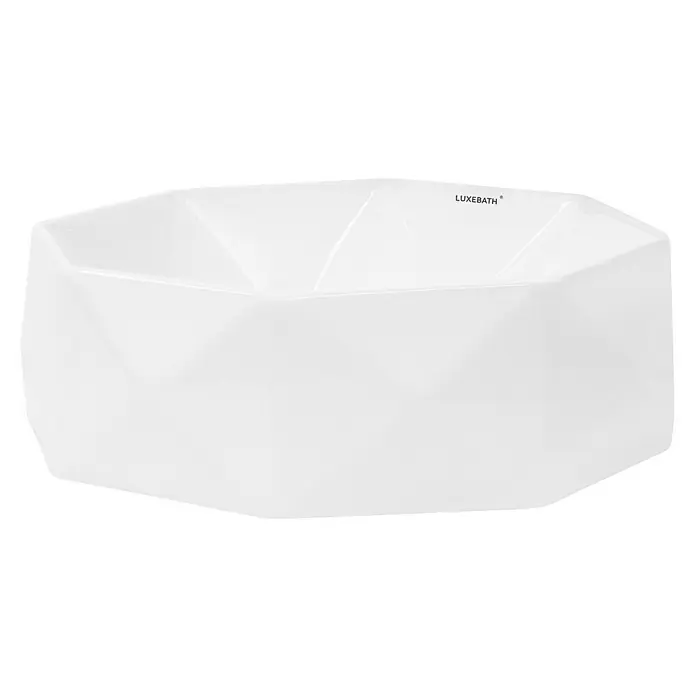 LuxeBath Aufsatzwaschbecken aus Keramik für Badezimmer Wasserfall Waschtisch - Ohne Spezialglasur, Weiß - Nahaufnahme eines LUXEBATH Waschbeckens mit geometrischem Design in strahlendem Weiß, das moderne Eleganz für Ihr Badezimmer verspricht.