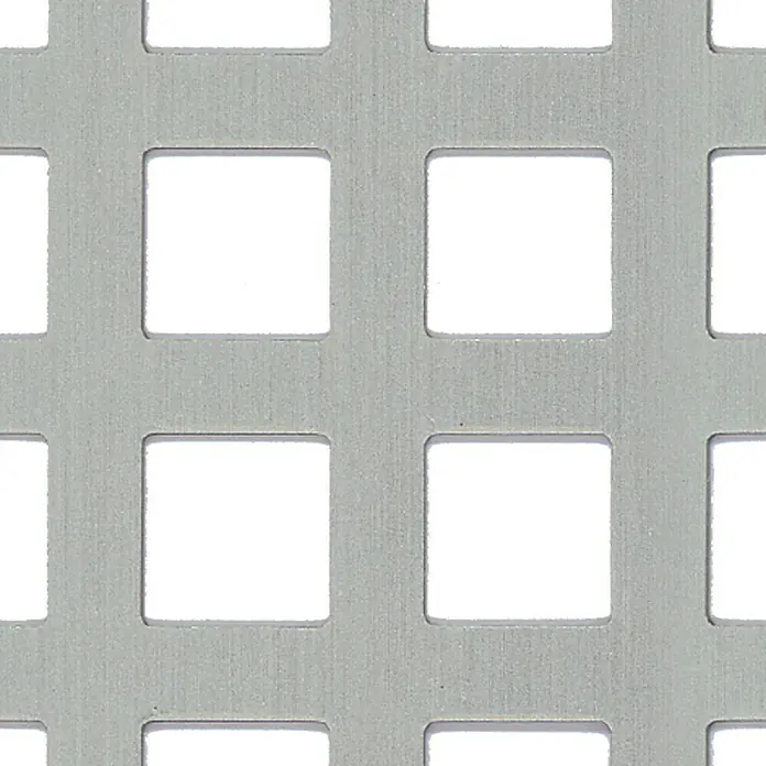 Kantoflex Quadratlochblech - 1.000 x 200 mm, Stärke: 0,8 mm, Aluminium, Eloxiert - Nahaufnahme eines silbernen, perforierten Metalls mit quadratischen Löchern. Textur für industrielle Anwendungen.